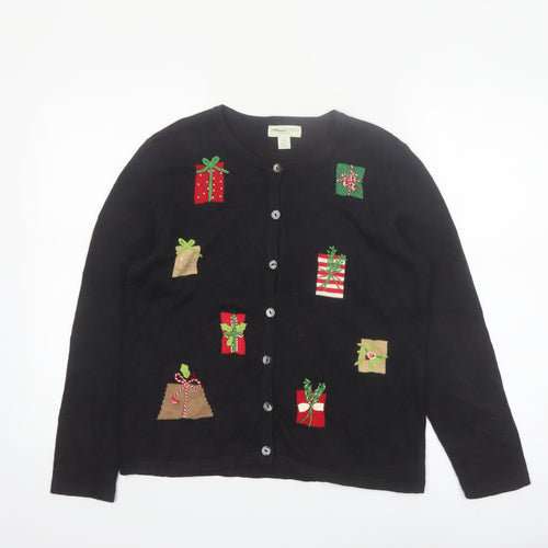 Appleseed's Petites Black Christmas Cardigan PS Women’s Ramie Cotton Holiday Jumper