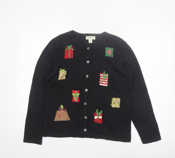 Appleseed's Petites Black Christmas Cardigan PS Women’s Ramie Cotton Holiday Jumper