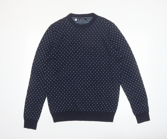 Ben Sherman Men's Blue Geometric Knit Crew Neck Jumper Size M