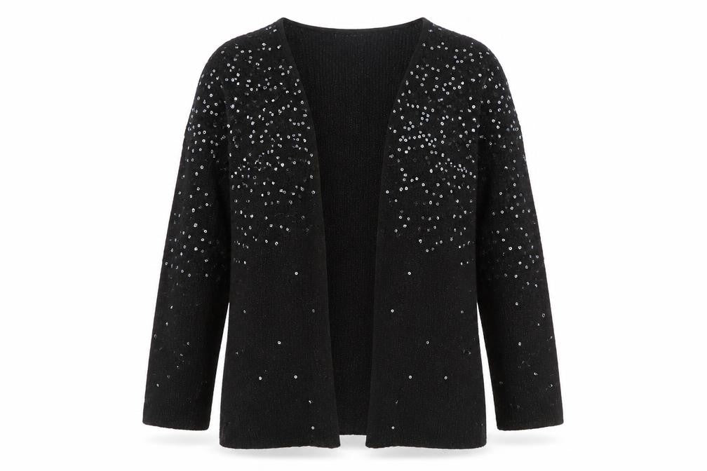 Front view of Lauren Michelle Women's Black Sequin Knit Cardigan M