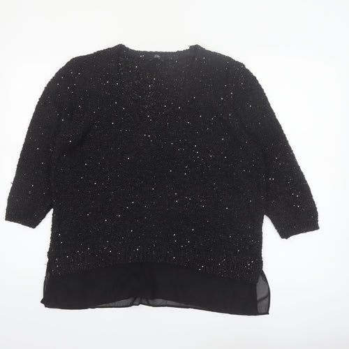F&F Women’s Black Sequin Knit V-Neck Pullover Jumper Size 16