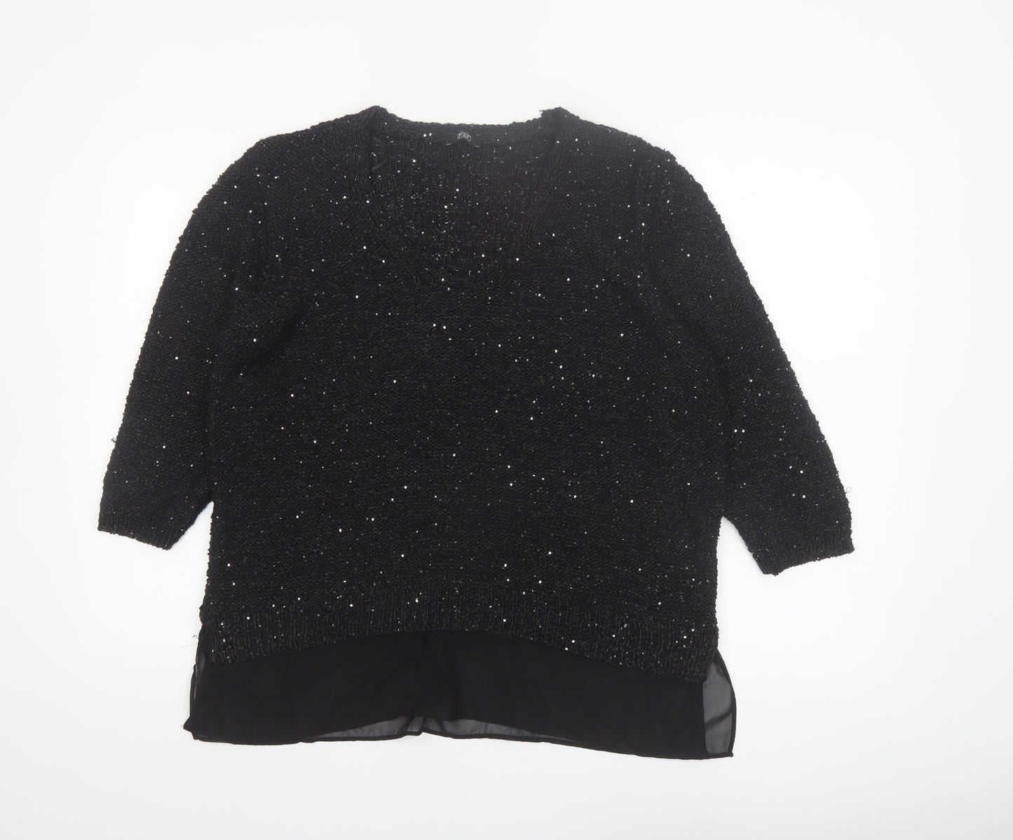 F&F Women’s Black Sequin Knit V-Neck Pullover Jumper Size 16