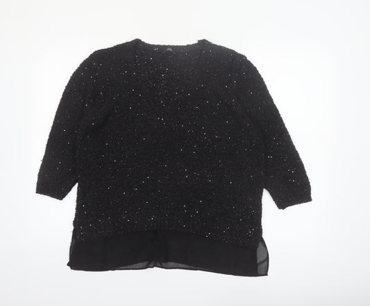 F&F Women’s Black Sequin Knit V-Neck Pullover Jumper Size 16