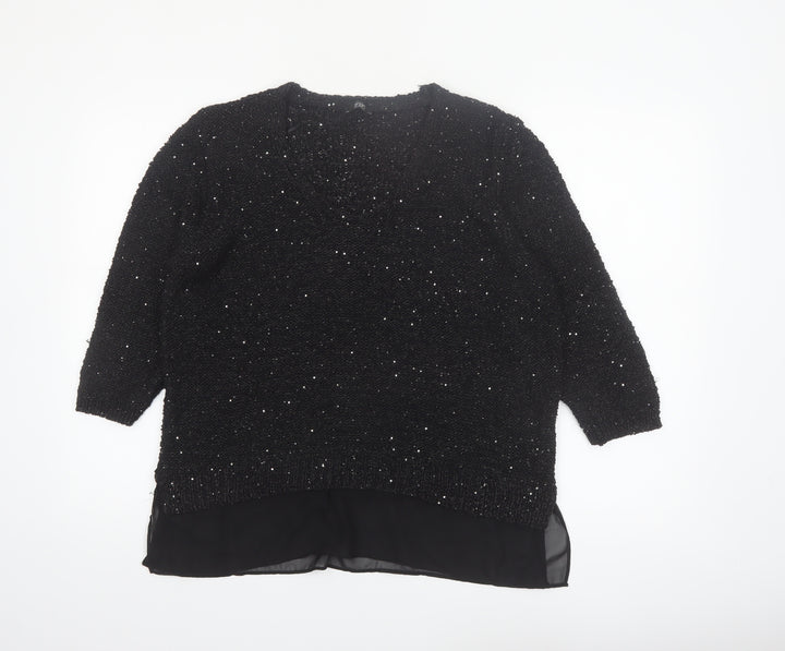 F&F Women’s Black Sequin Knit V-Neck Pullover Jumper Size 16