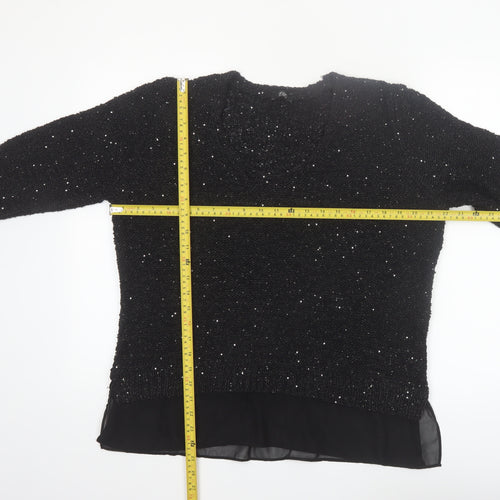 F&F Women’s Black Sequin Knit V-Neck Pullover Jumper Size 16
