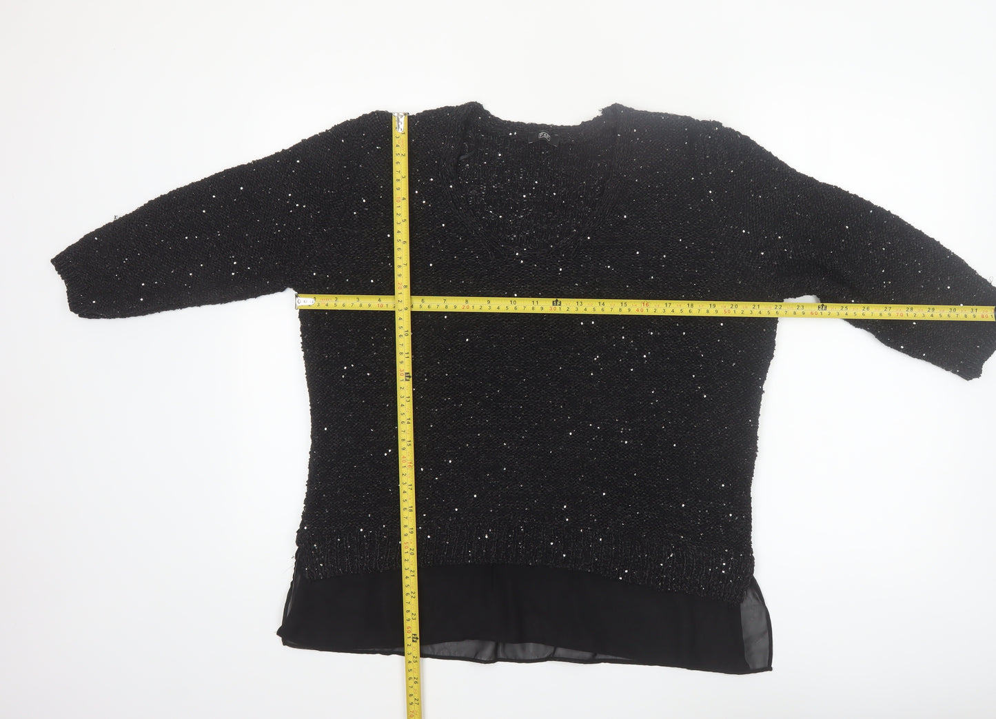 F&F Women’s Black Sequin Knit V-Neck Pullover Jumper Size 16