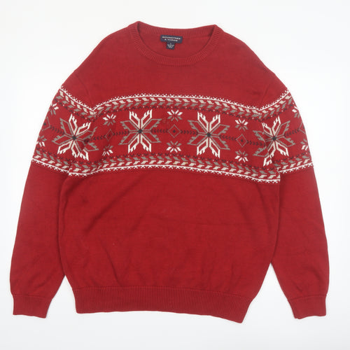Roundtree & Yorke Mens Red Fair Isle Cotton Jumper L Winter Knitwear
