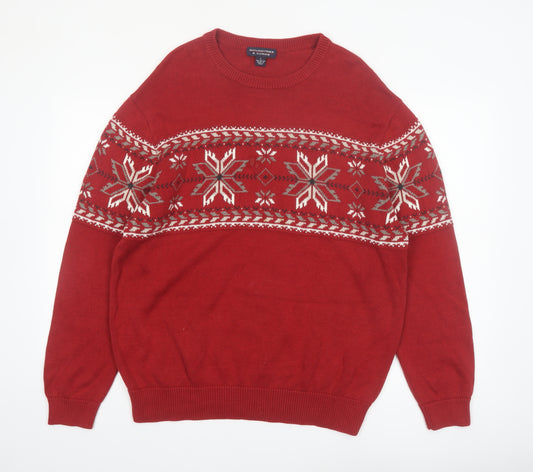 Roundtree & Yorke Mens Red Fair Isle Cotton Jumper L Winter Knitwear