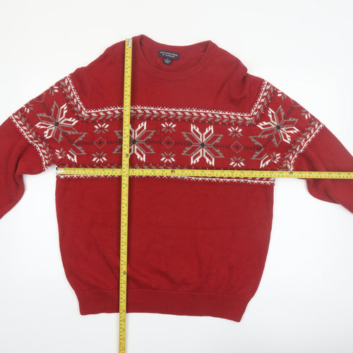 Roundtree & Yorke Mens Red Fair Isle Cotton Jumper L Winter Knitwear