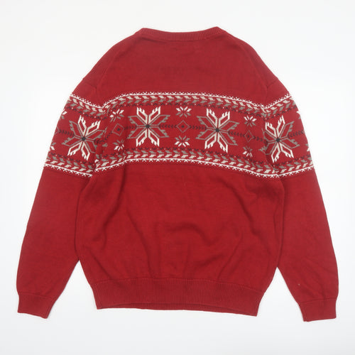 Roundtree & Yorke Mens Red Fair Isle Cotton Jumper L Winter Knitwear