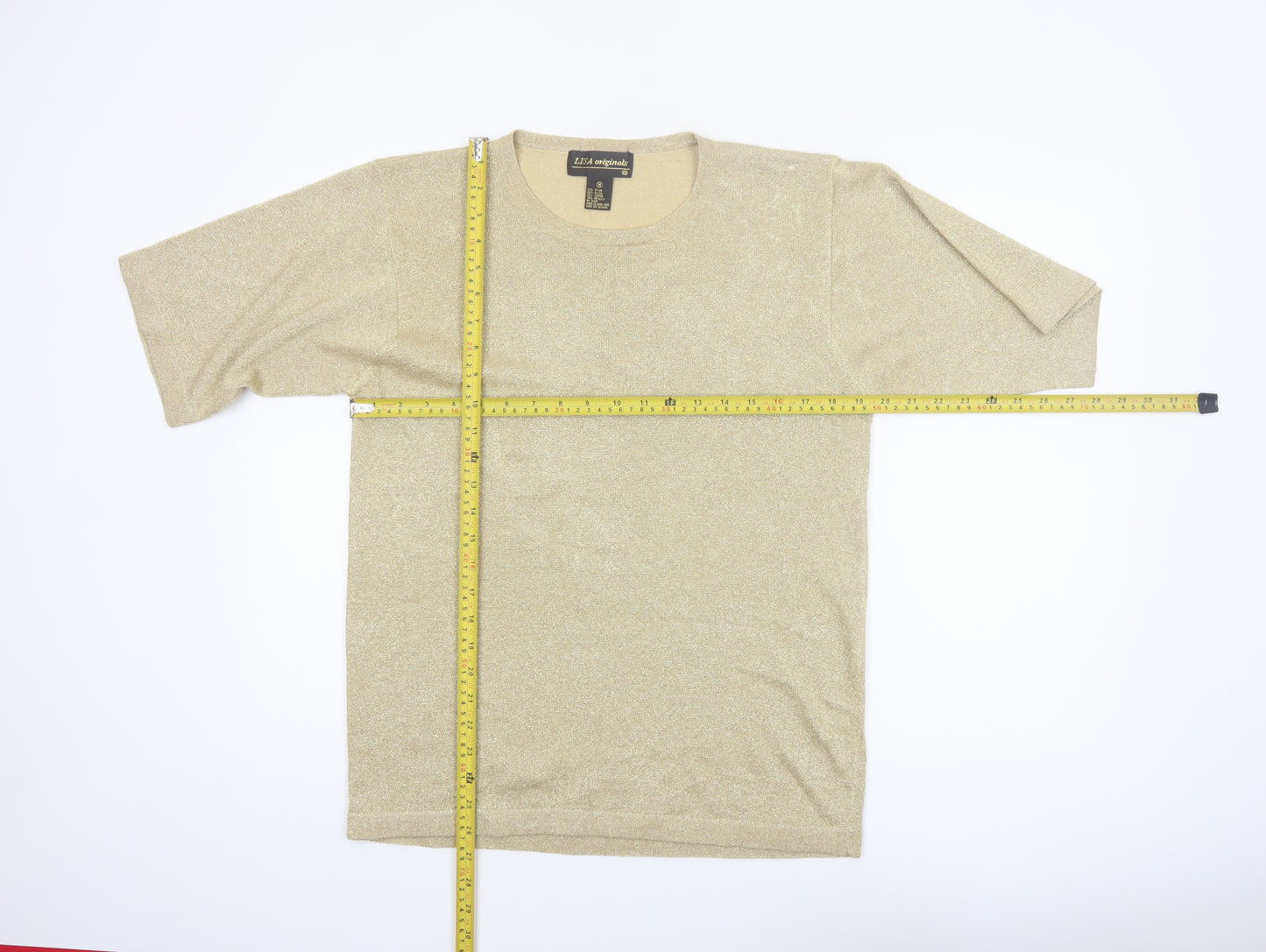 LISA Originals Womens Gold Metallic Knit Short Sleeve T-Shirt M