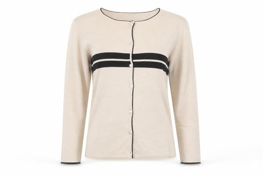 Front view of Finity Petite women’s beige knit button cardigan l