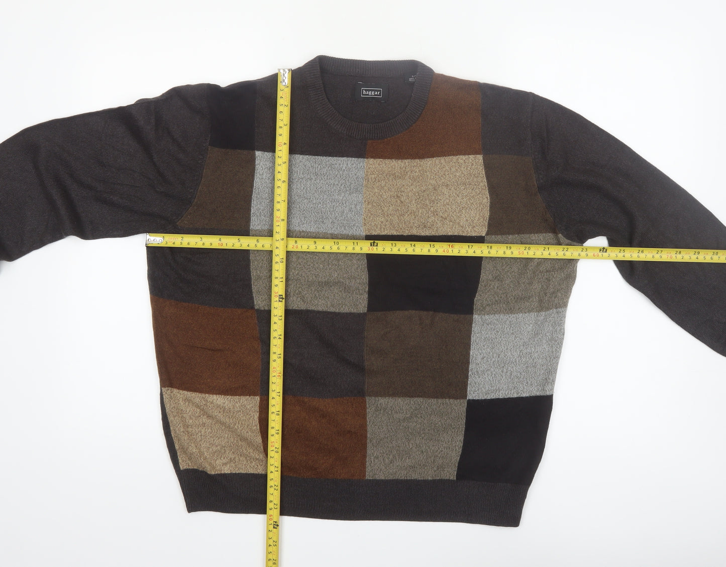 Haggar Men's Multicoloured Check Crew Neck Pullover Jumper Size S