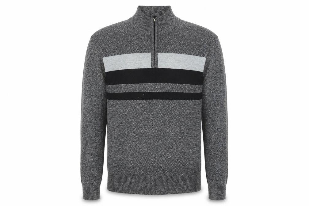 Front view of MUST Men's Grey 1/4 Zip Knit Jumper L/XL Classic Casual Pullover