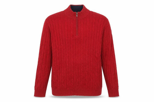 Front view of Club Room Men's Red XL Cable-Knit Half Zip Cotton Jumper