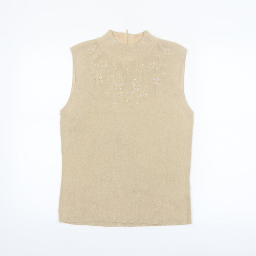 TanJay Women Beige Petite Beaded Mock Neck Sleeveless Tank Top