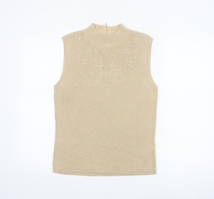 TanJay Women Beige Petite Beaded Mock Neck Sleeveless Tank Top