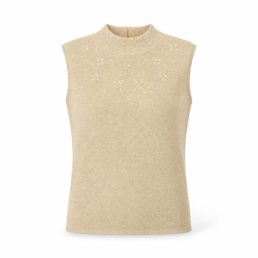 Front view of TanJay Women Beige Petite Beaded Mock Neck Sleeveless Tank Top