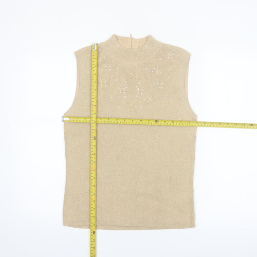 TanJay Women Beige Petite Beaded Mock Neck Sleeveless Tank Top