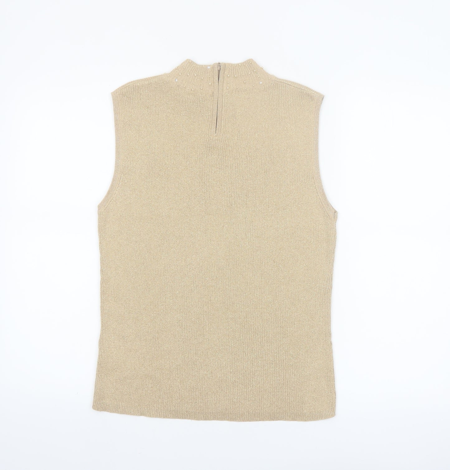 TanJay Women Beige Petite Beaded Mock Neck Sleeveless Tank Top