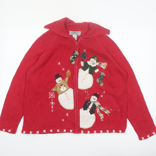Tiara International Women Red M Christmas Cardigan Full Zip Snowman