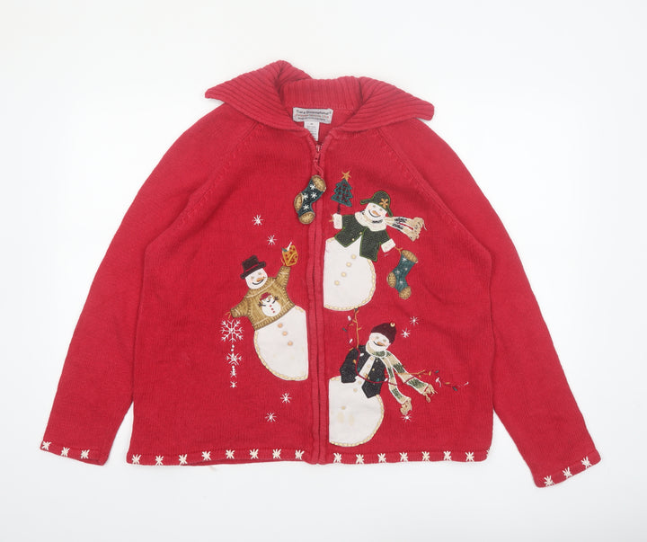 Tiara International Women Red M Christmas Cardigan Full Zip Snowman