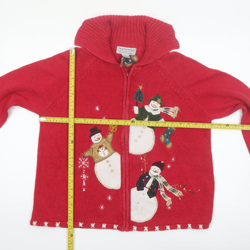 Tiara International Women Red M Christmas Cardigan Full Zip Snowman