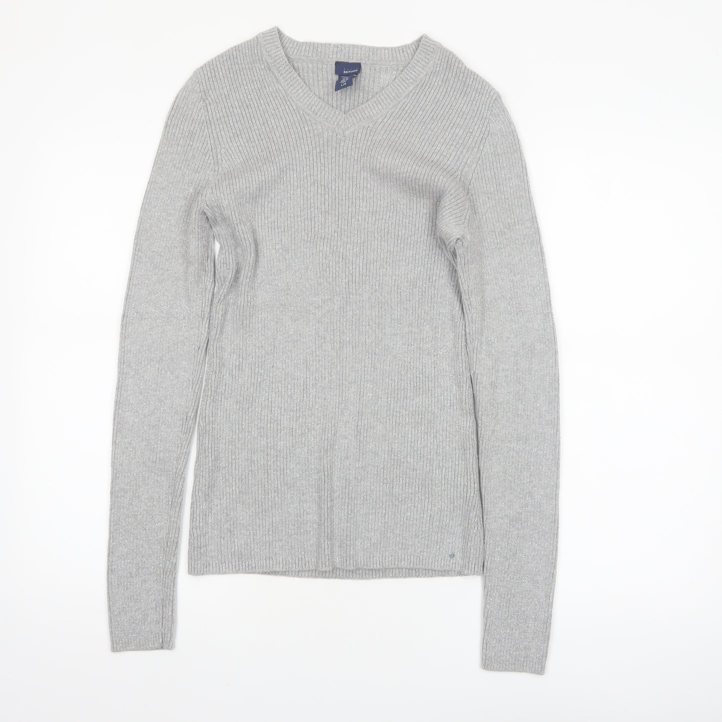 Basic Editions Womens Grey V-Neck Knit Pullover Jumper Size L