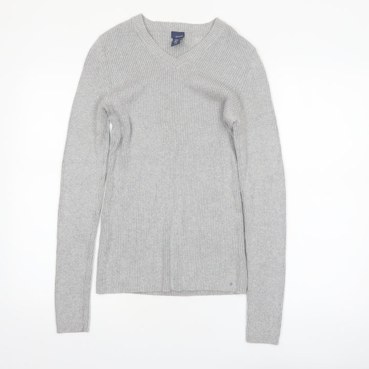 Basic Editions Womens Grey V-Neck Knit Pullover Jumper Size L