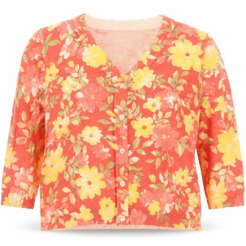 Alfred Dunner Women Floral Pink Yellow V-Neck Cardigan PL Petite