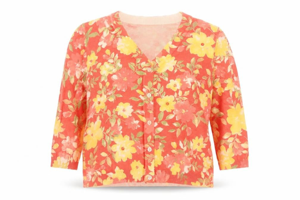 Alfred Dunner Women Floral Pink Yellow V-Neck Cardigan PL Petite