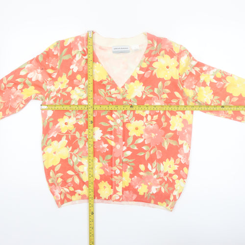 Alfred Dunner Women Floral Pink Yellow V-Neck Cardigan PL Petite