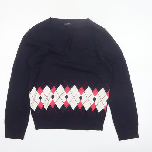 Nautica Women Blue Argyle V-Neck Cotton Knit Pullover Jumper L