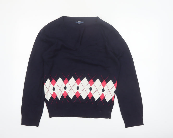 Nautica Women Blue Argyle V-Neck Cotton Knit Pullover Jumper L
