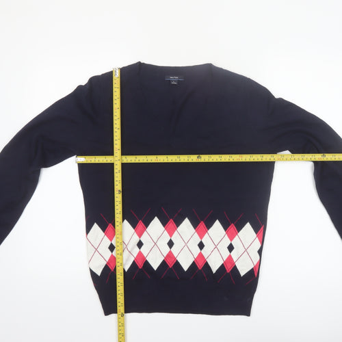 Nautica Women Blue Argyle V-Neck Cotton Knit Pullover Jumper L