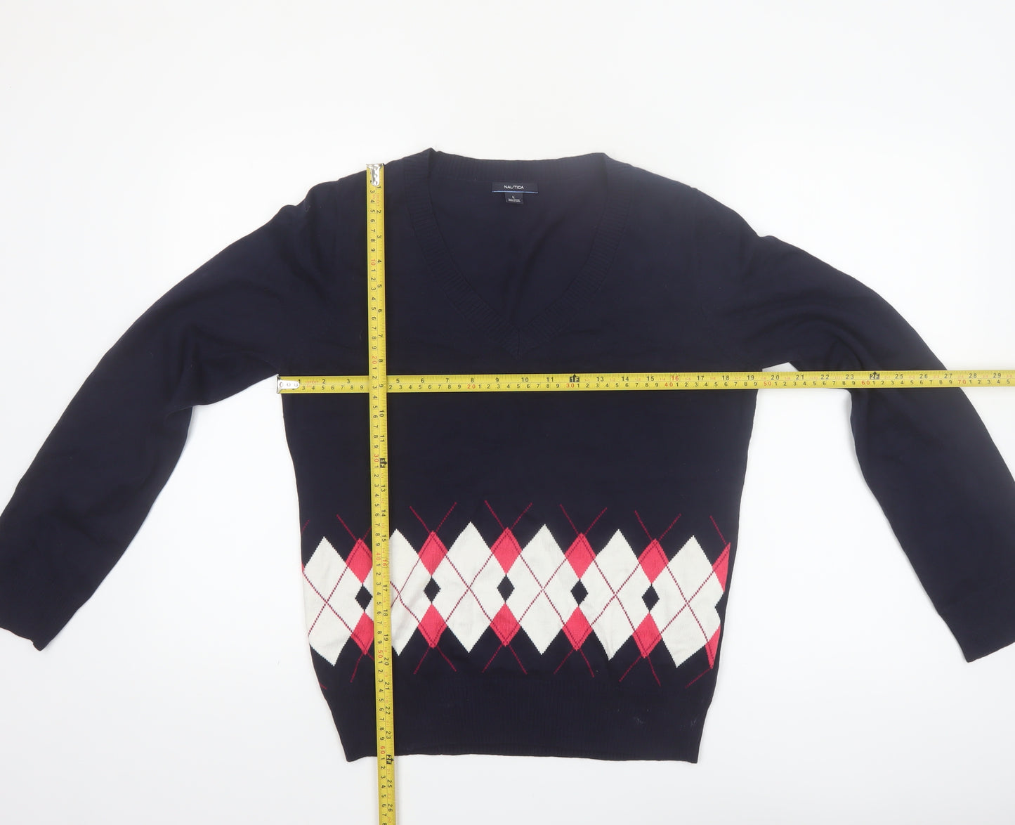 Nautica Women Blue Argyle V-Neck Cotton Knit Pullover Jumper L