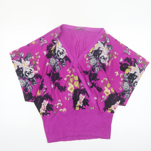 Oasis Women’s Pink Floral Wrap Blouse M Short Sleeve V-Neck