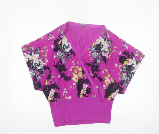 Oasis Women’s Pink Floral Wrap Blouse M Short Sleeve V-Neck