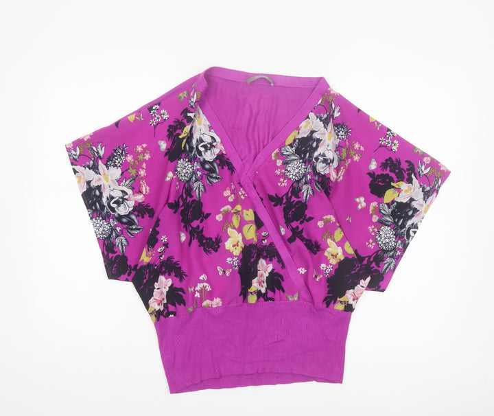 Oasis Women’s Pink Floral Wrap Blouse M Short Sleeve V-Neck