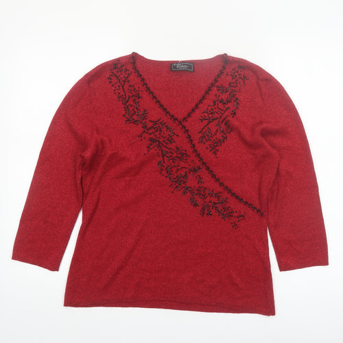 Dressbarn Women's Red Beaded V-Neck 3/4 Sleeve Pullover Jumper L