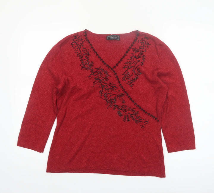 Dressbarn Women's Red Beaded V-Neck 3/4 Sleeve Pullover Jumper L