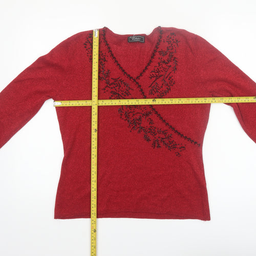 Dressbarn Women's Red Beaded V-Neck 3/4 Sleeve Pullover Jumper L