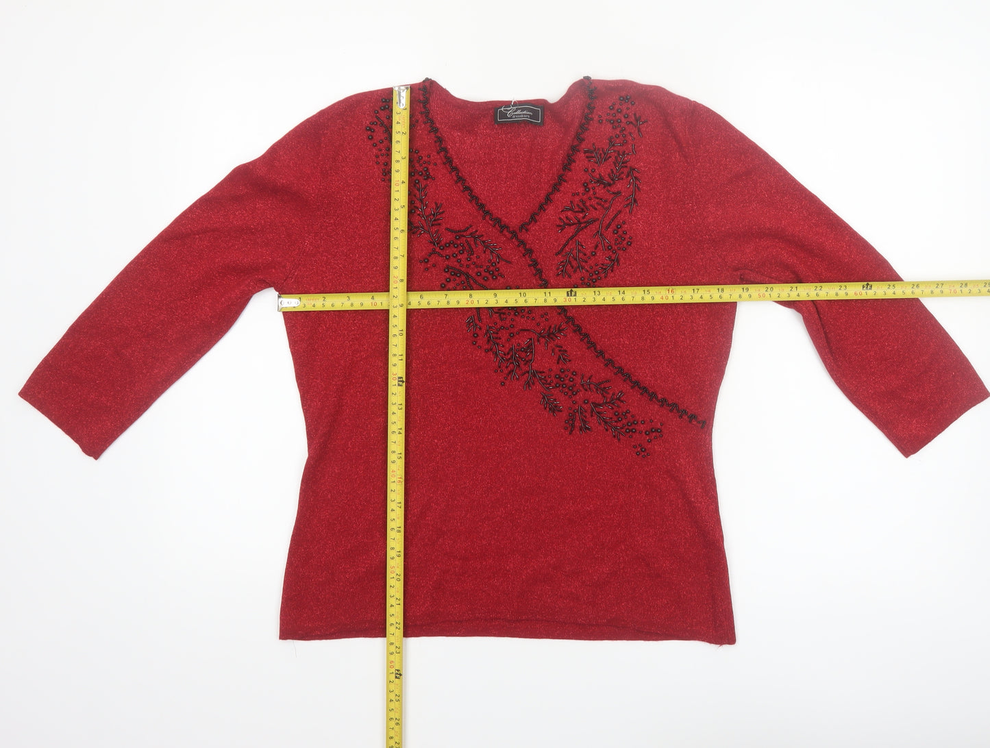 Dressbarn Women's Red Beaded V-Neck 3/4 Sleeve Pullover Jumper L
