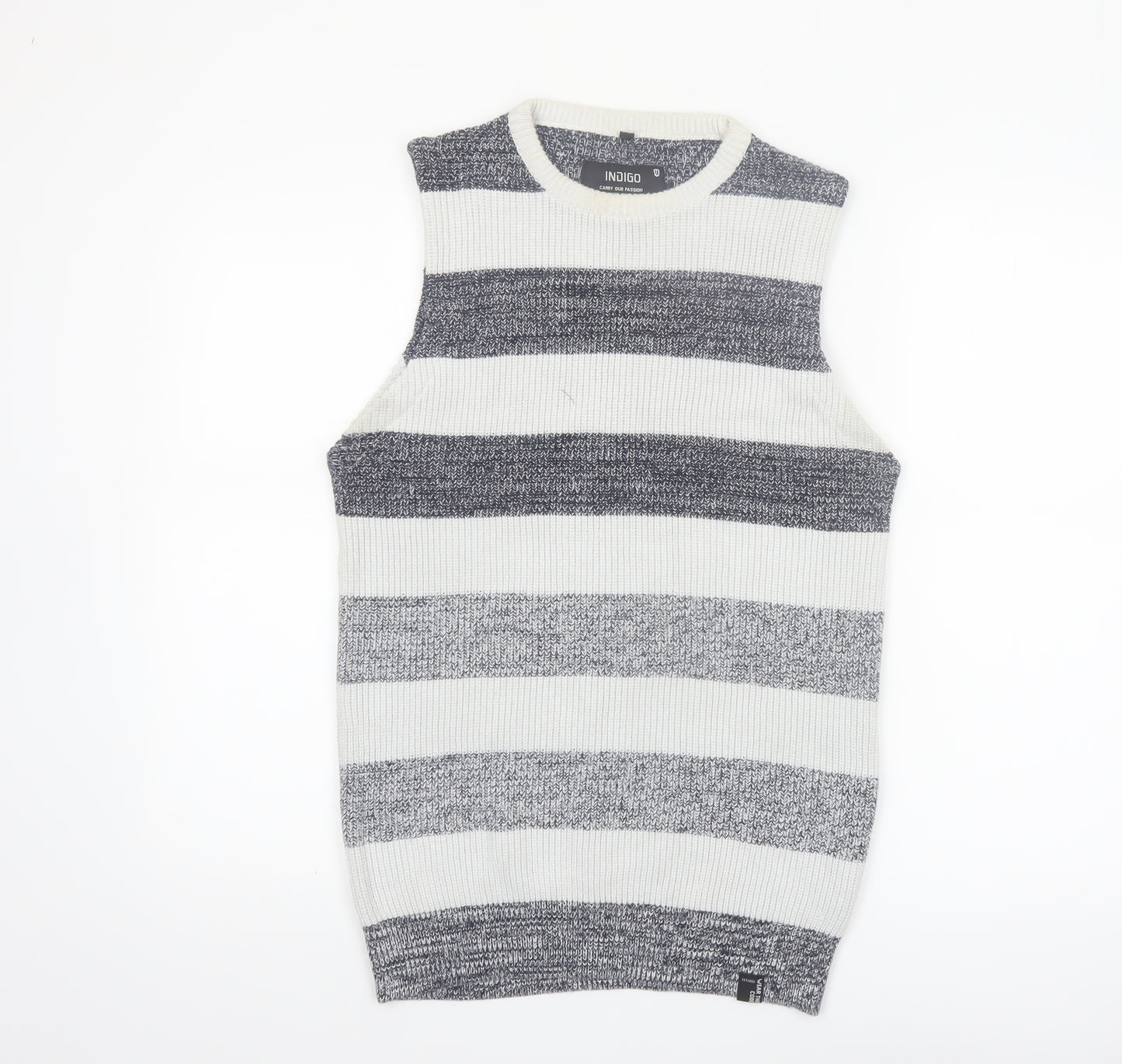 Indigo Men's Grey Striped Cotton Knit Sleeveless Vest Medium