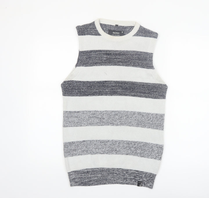 Indigo Men's Grey Striped Cotton Knit Sleeveless Vest Medium
