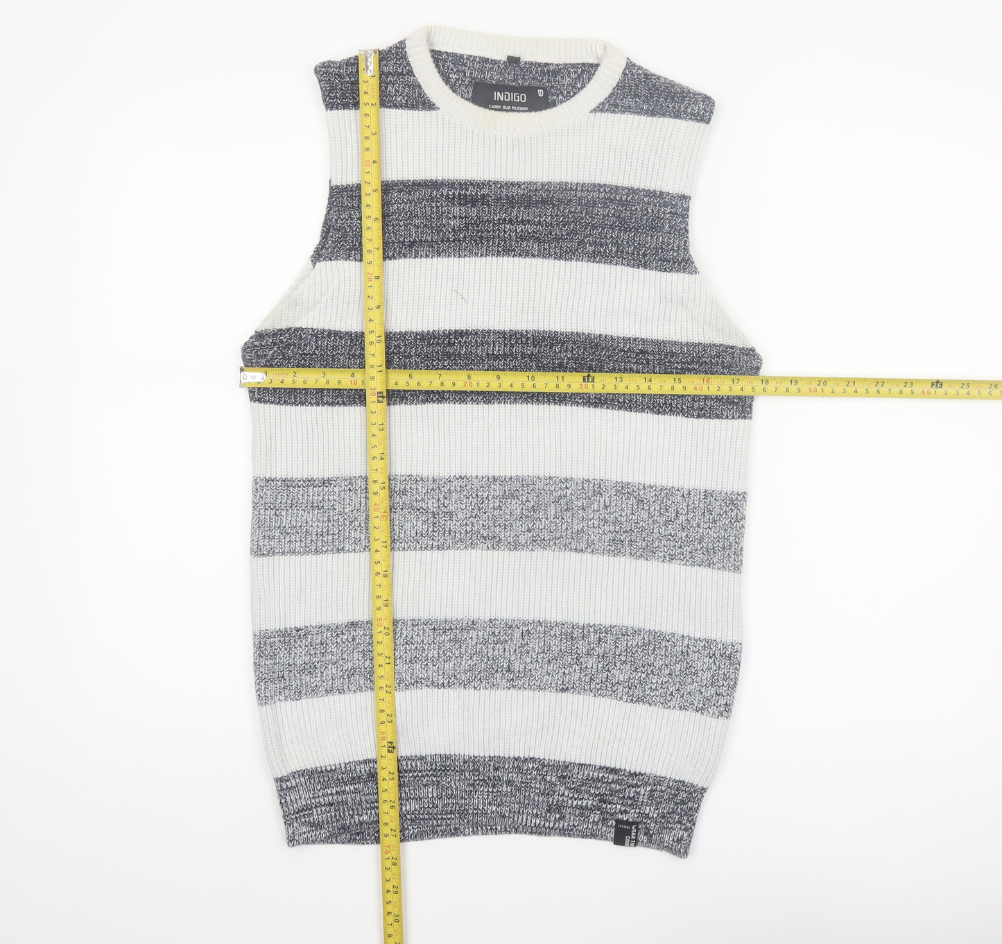 Indigo Men's Grey Striped Cotton Knit Sleeveless Vest Medium