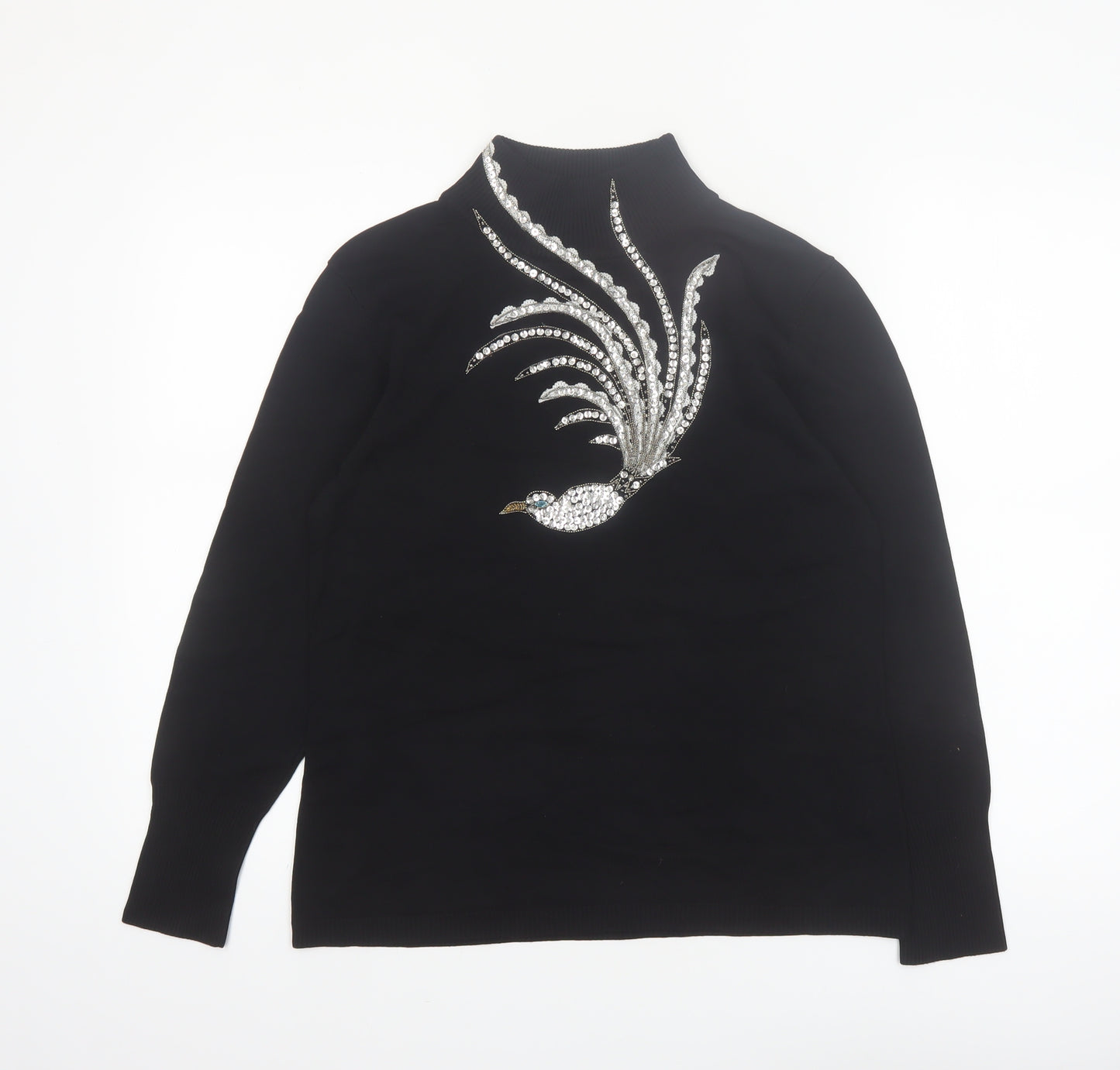 BETA'S CHOICE Women's Black Mock Neck Rhinestone Bird Jumper M