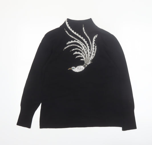BETA'S CHOICE Women's Black Mock Neck Rhinestone Bird Jumper M