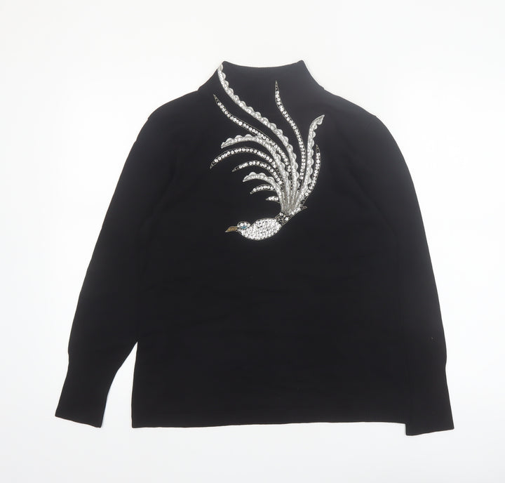 BETA'S CHOICE Women's Black Mock Neck Rhinestone Bird Jumper M