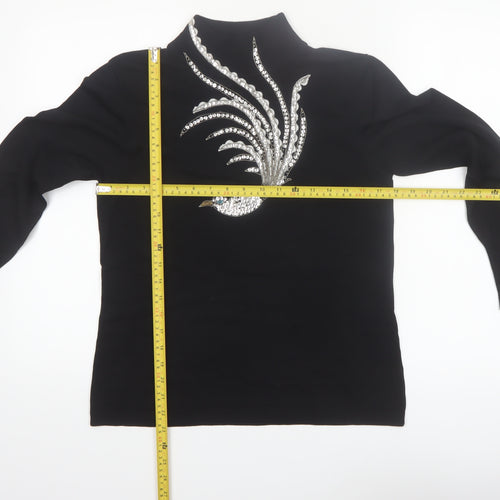 BETA'S CHOICE Women's Black Mock Neck Rhinestone Bird Jumper M
